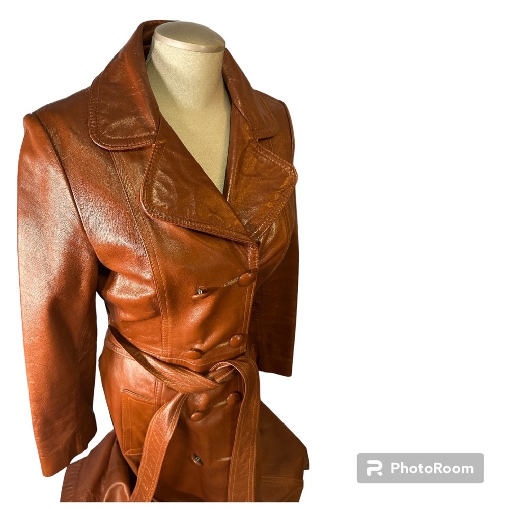 Vintage double breasted, long Mr & Mrs Leather 1970’s cognac leather coat